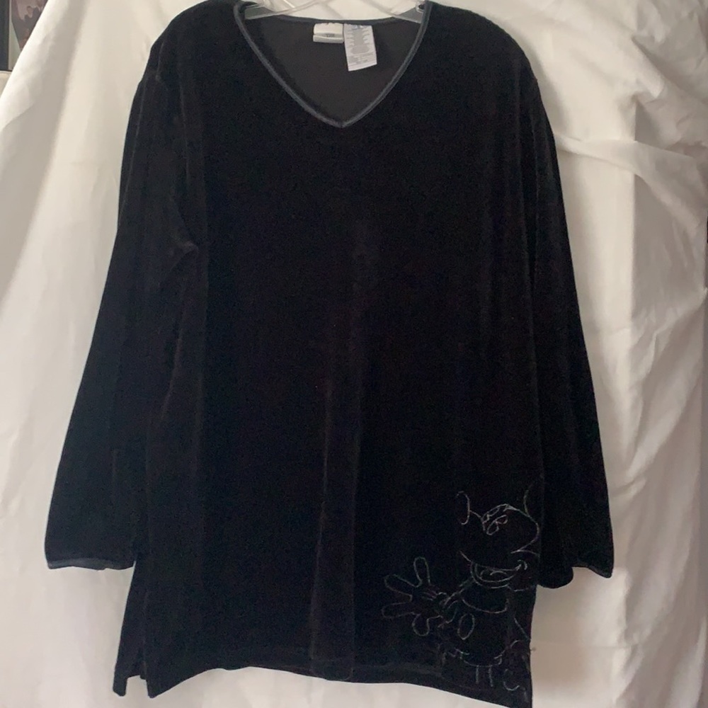 Mickey Mouse Velvet Shirt Black Long Sleeve Embroidered Pullover Vintage XL.